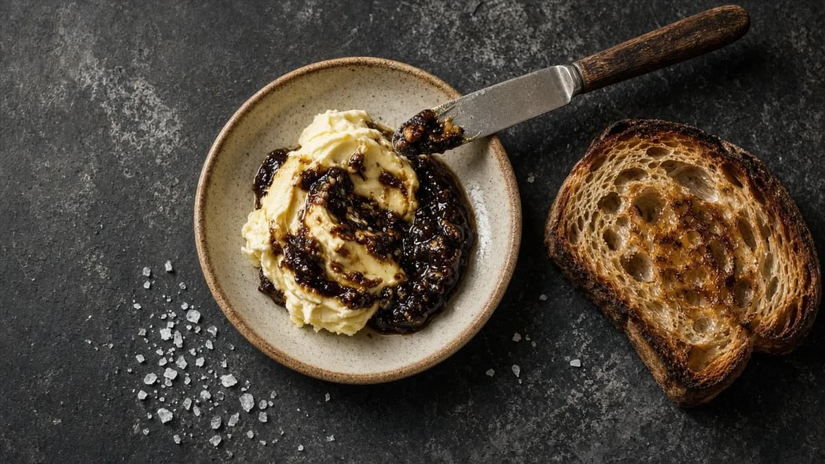 Soft butter swirled with dark garlic paste beside toast