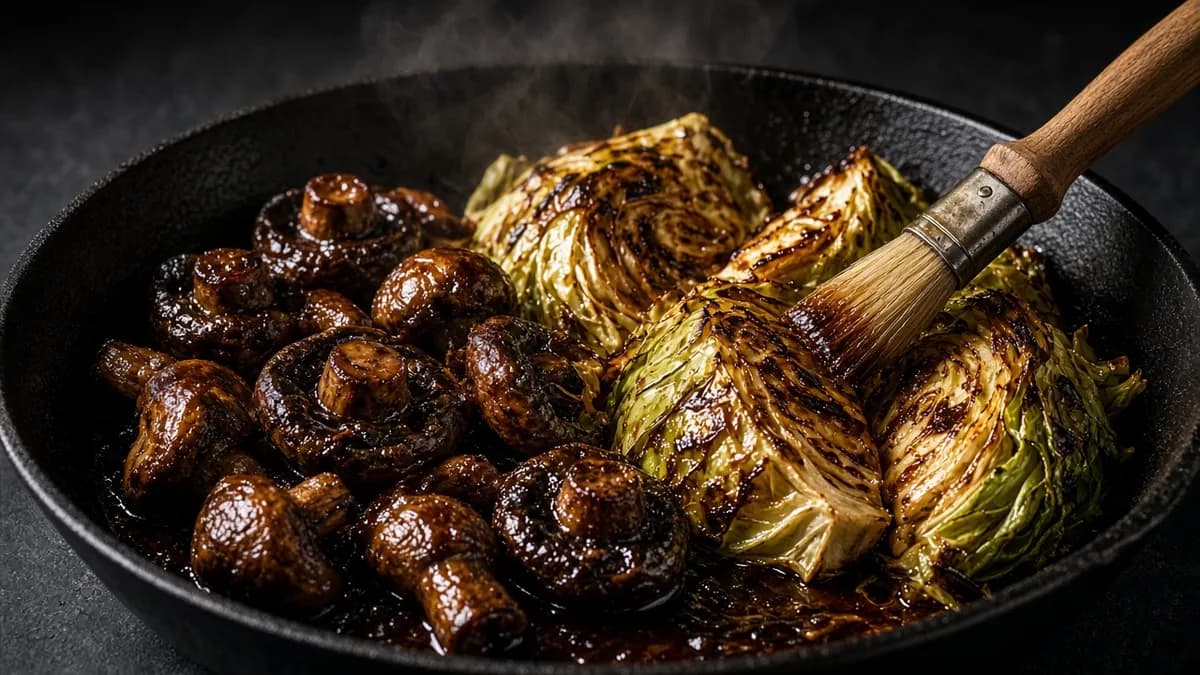 Roasted mushrooms and cabbage with a dark glaze in a pan