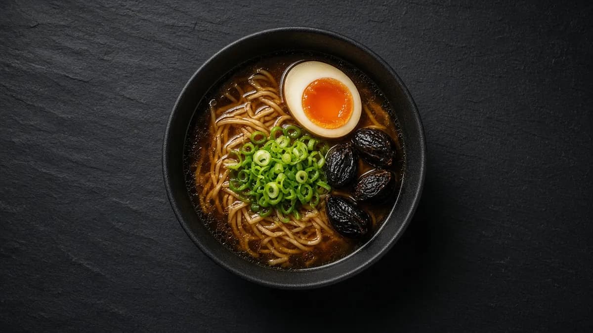 A bowl of ramen topped with soft black garlic cloves